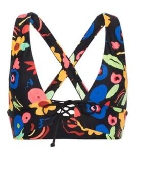 Onia Black Floral Lace-Up Bikini Top with Blue, Yellow, Pink & Green